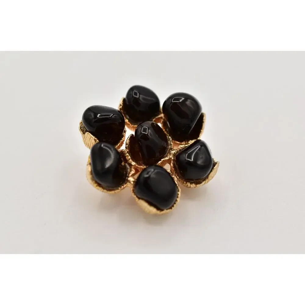 Vintage Cabochon Pin Brooch Black Black Gold Tone Chunky Floral 1990s BinB
